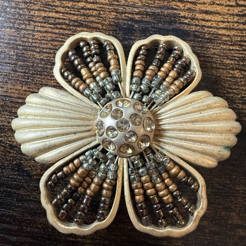 Vintage Gold Tone Beaded Flower Brooch Rhinestone Center Large Statement Pin